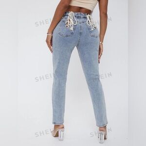Eyelet Lace Up Knot Mom Jeans